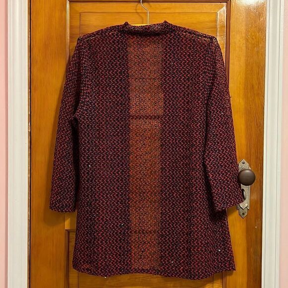Black Red Sheer Sequin Knit Open Front Cardigan Women’s Medium - Picture 3 of 3